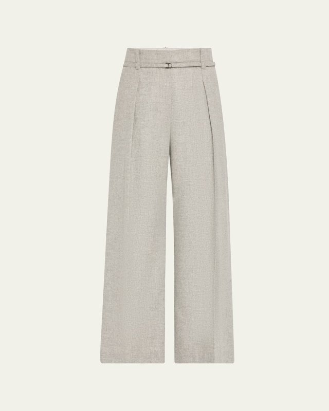 Cashmere-Wool Flannel Wide Sartorial Pants With Belt